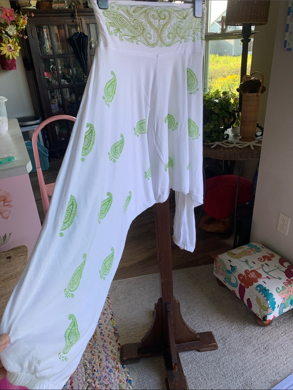 Bohemian White Harem Pants Green Paisley OS